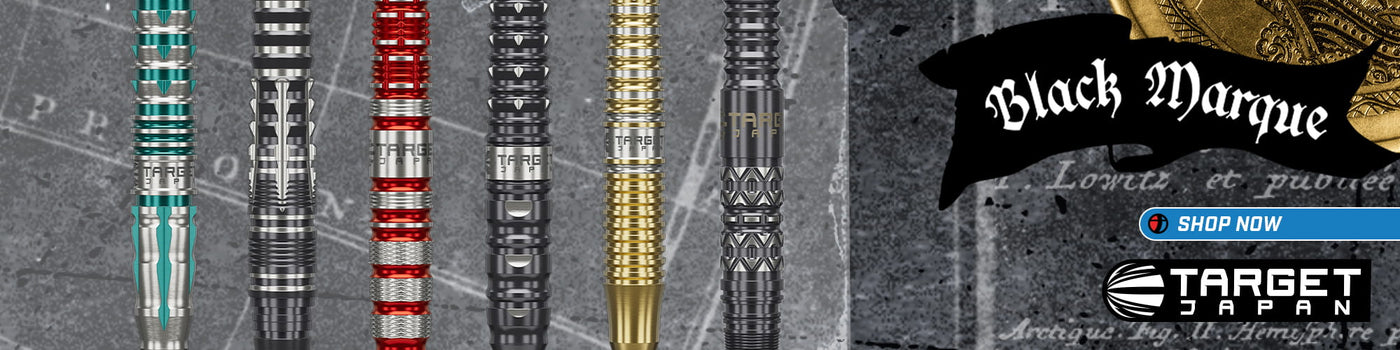 Six darts with different patterns and colors are lined up on a dark textured background next to a black banner reading 'Black Marque' and a Target Sports promotional badge.