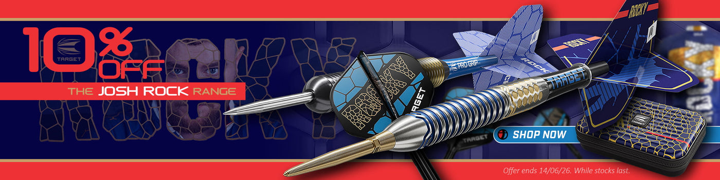 Promotional banner for darts with '10% off The Josh Rock Range' text and product images.