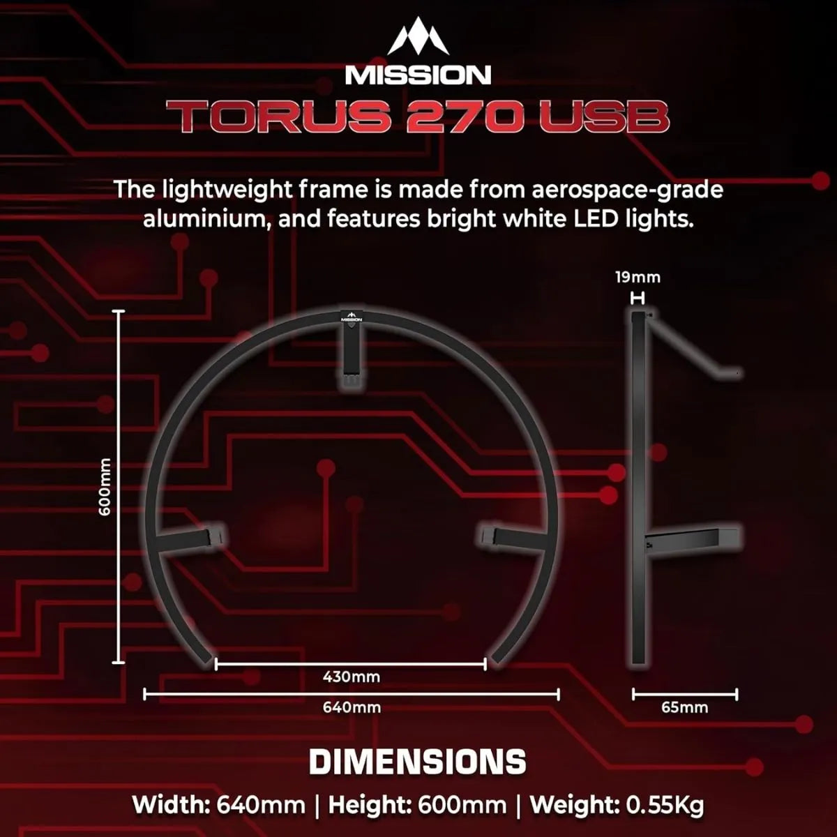 Mission Torus 270 Dartboard Lighting - USB-C-5-Black-Premier Darts
