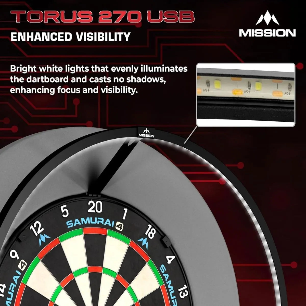 Mission Torus 270 Dartboard Lighting - USB-C-4-Black-Premier Darts