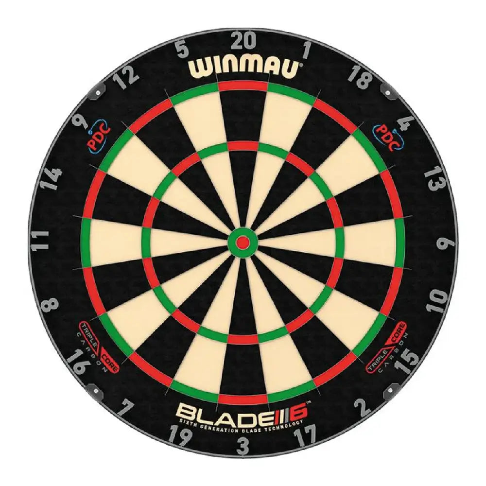 Winmau dartboard with black, red, and green design on a white background