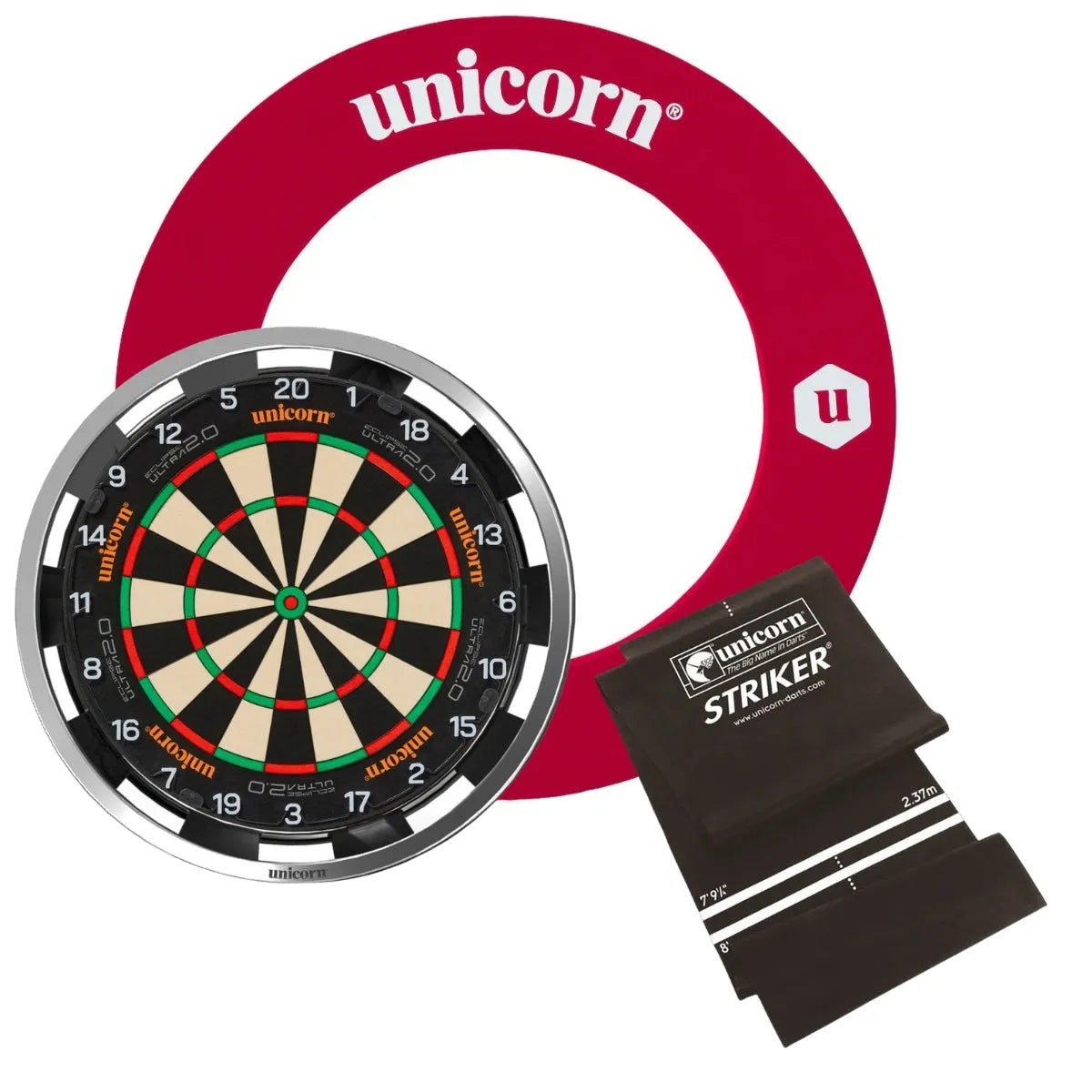 Unicorn Eclipse Ultra 2.0 Dartboard Ultimate Custom Bundle-16-Striker Red-Solar Flare-Striker DartMat-Premier Darts