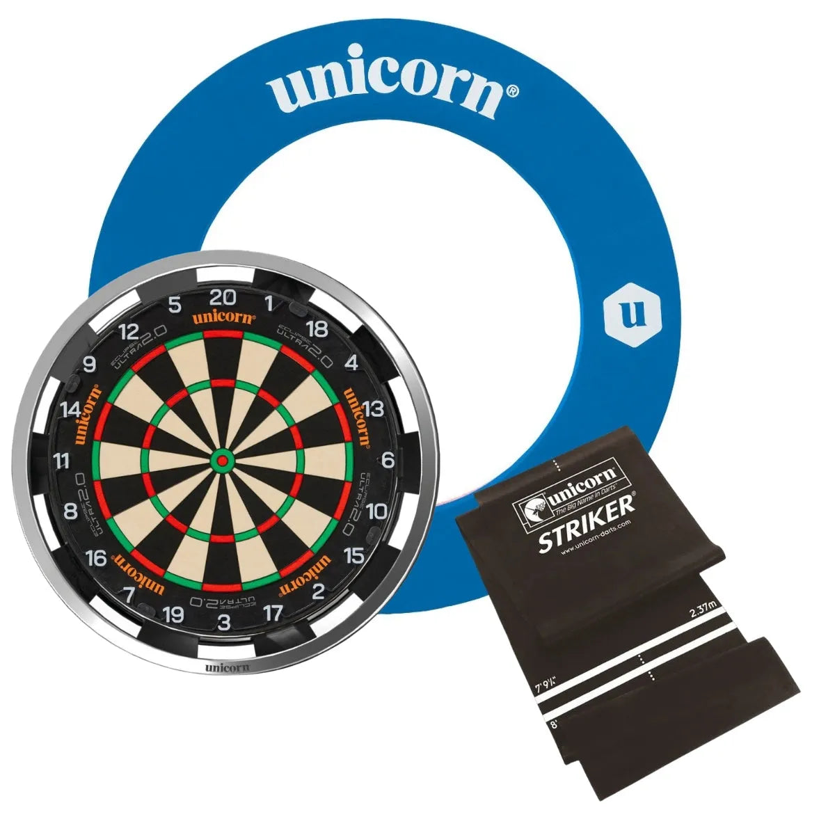 Unicorn Eclipse Ultra 2.0 Dartboard Ultimate Custom Bundle-17-Striker Blue-Solar Flare-Striker DartMat-Premier Darts
