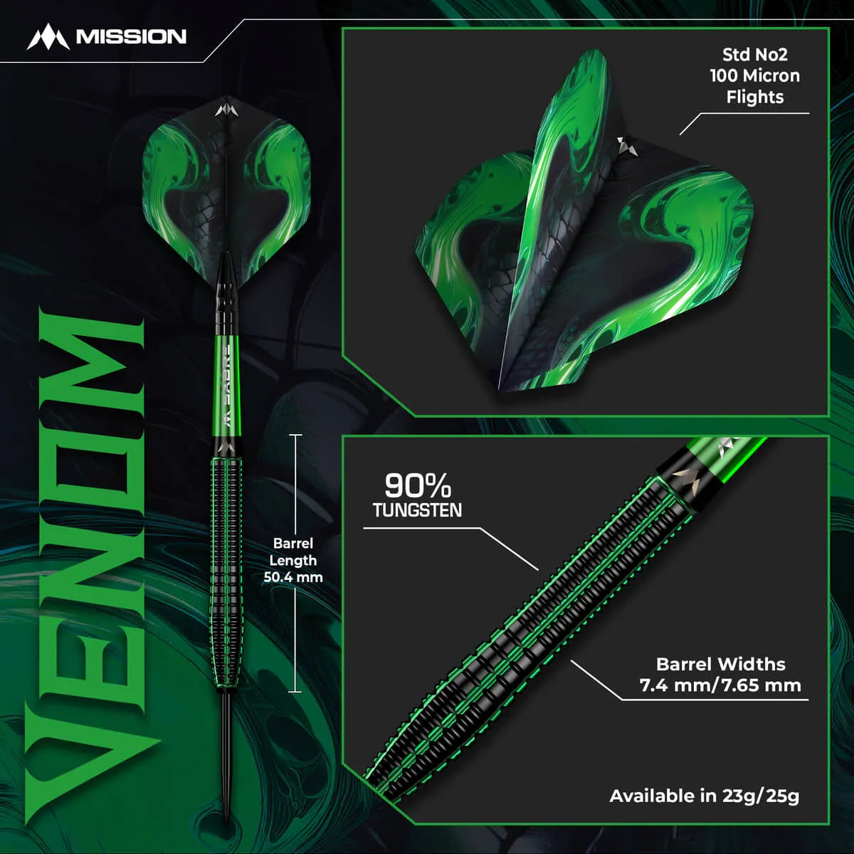 Mission Venom 90% Tungsten Steel Tip Darts-7-23 GRAM-Premier Darts