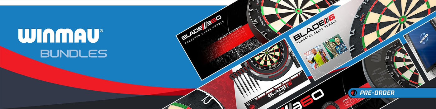 Winmau product bundle advertisement with darts and packaging on a blue and red background.