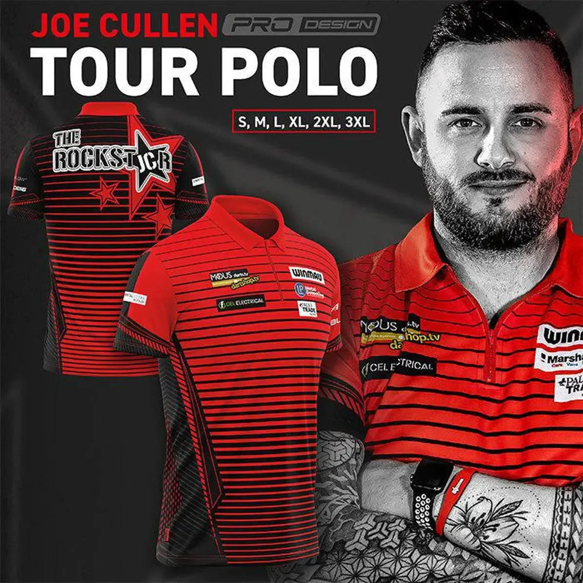 Winmau Joe Cullen Shirt - Black & Red-4-Small-Premier Darts