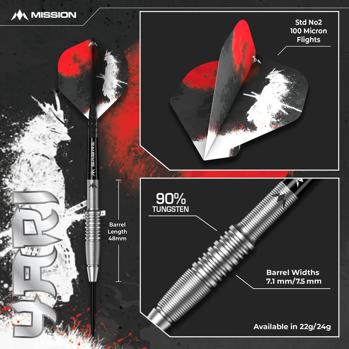 Mission Yari 90% Tungsten Steel Tip Darts-7-22 GRAM-Premier Darts