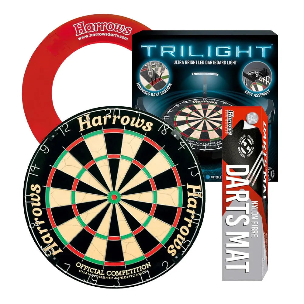 Harrows Official Competition Board, Trilight, Nylon Mat & Surround Bundle-2-Red-Premier Darts