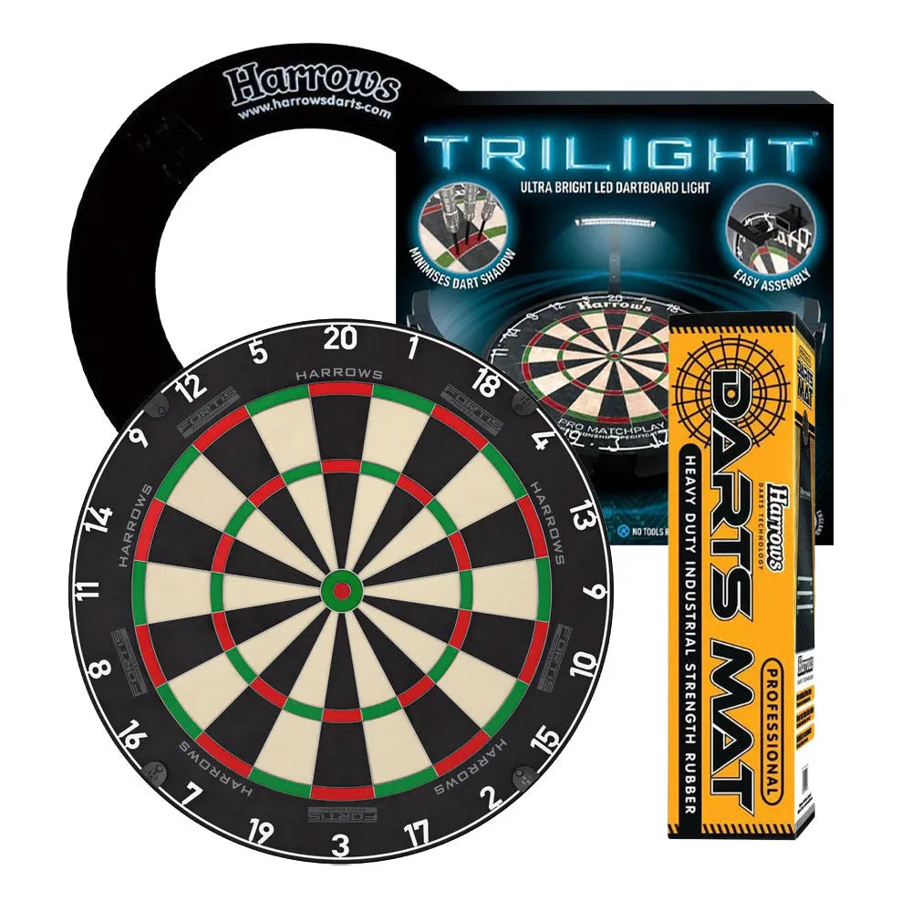 Harrows Fortis Board, Trilight, Rubber Mat & Surround Bundle-1-Black-Premier Darts