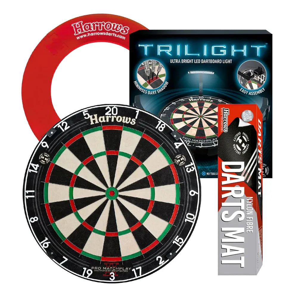 Harrows Pro Matchplay 2 Board, Trilight, Nylon Mat & Surround Bundle-2-Black-Premier Darts