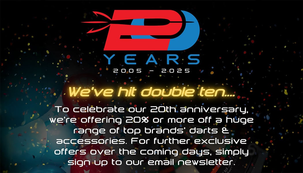 Premier Darts 20th anniversary logo with red and blue "20 YEARS" text, confetti, and balloons.