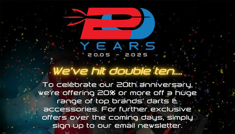 Premier Darts 20th anniversary logo with red and blue "20 YEARS" text, confetti, and balloons.