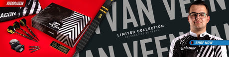 Gian van Veen with his Red Dragon 50-year limited edition darts set, featuring black, white, and red packaging.