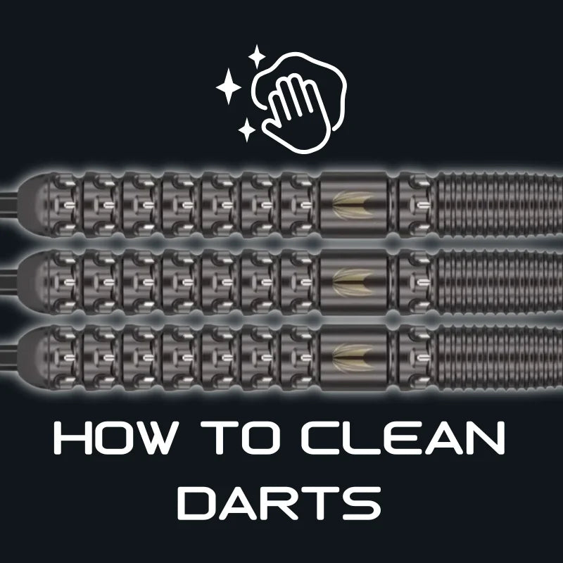 Three dark metal darts with gold accents and a cleaning hand icon on a black background.