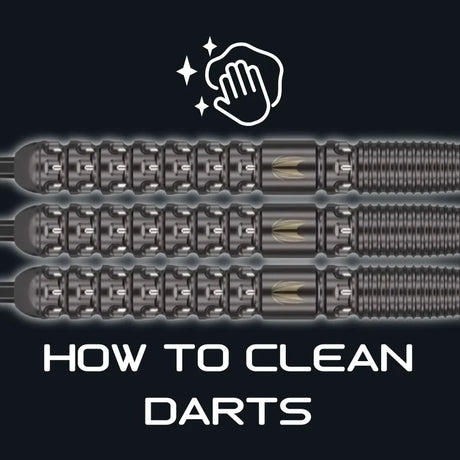 Three dark metal darts with gold accents and a cleaning hand icon on a black background.