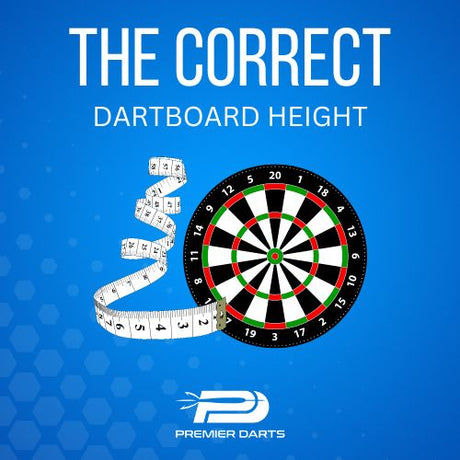 Dartboard with a white measuring tape indicating correct height against a blue background.