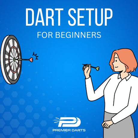 Cartoon woman throwing a green dart at a dartboard, illustrating a beginner's dart setup.