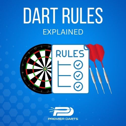 A dartboard, three red darts, and a document titled "RULES" with checkmarks, on a blue background.