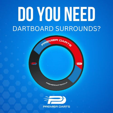 Premier Darts dartboard surround in black, red, and blue, with brand logo.