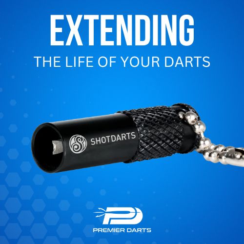 Black Shot Darts sharpener with a textured grip and silver chain, against a blue background.