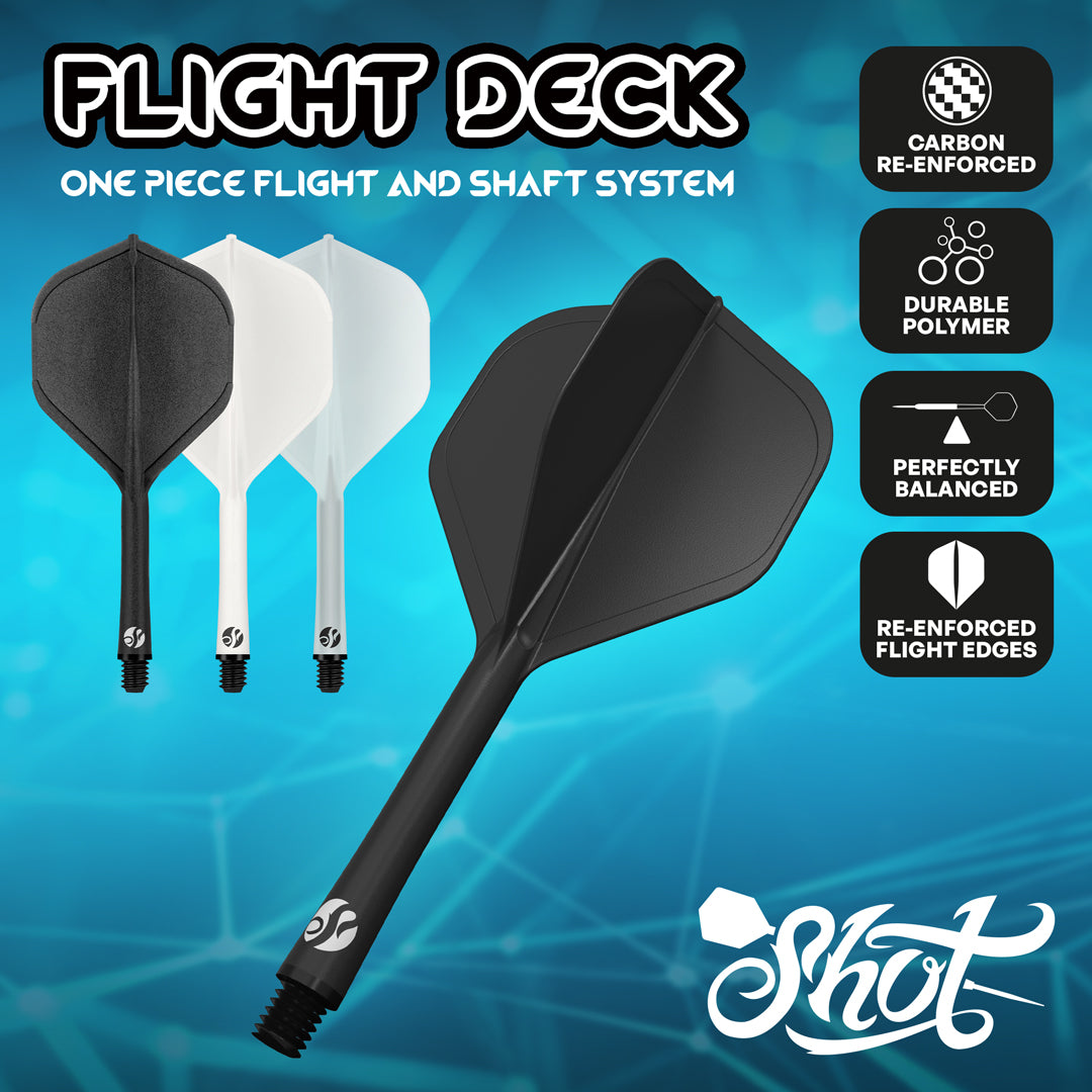Shot Flight Deck moulded dart flights in black, white, and grey, highlighting carbon-reinforced durability.