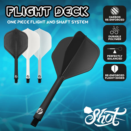 Shot Flight Deck moulded dart flights in black, white, and grey, highlighting carbon-reinforced durability.