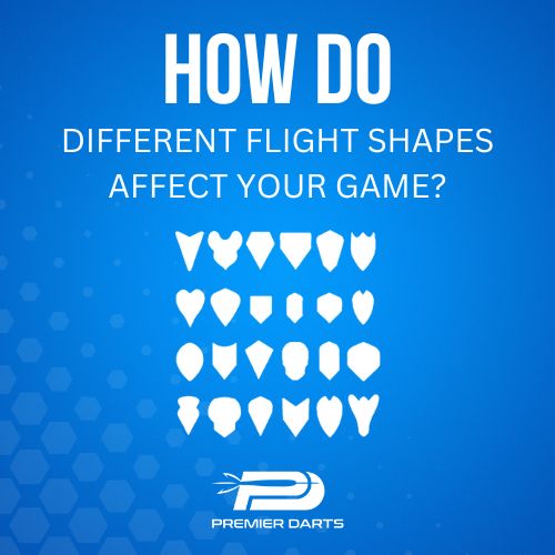 White text on a blue background asks "How do different flight shapes affect your game?" above 24 white dart flight silhouettes.