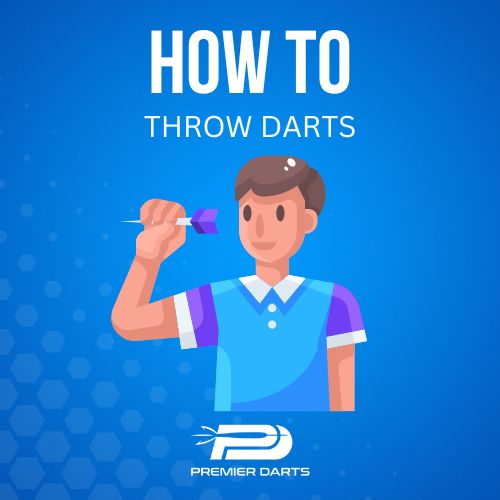 Cartoon man in blue shirt holding a purple dart, ready to throw.