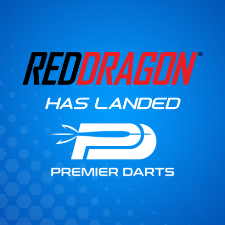 Red Dragon Darts logo in red and black above "HAS LANDED" and the white Premier Darts logo on blue.