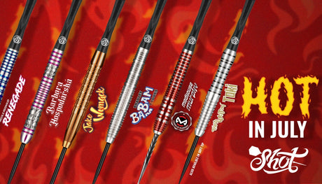 Seven colorful Shot darts, including Renegade and Madhouse, against a fiery red background with "Hot In July.