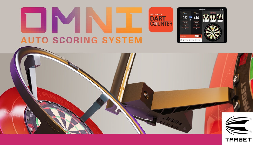 Target Omni Auto Scoring System logo with a dartboard and tablet displaying scores.