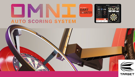 Target Omni Auto Scoring System logo with a dartboard and tablet displaying scores.