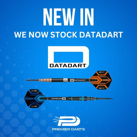 Two DataDart darts, one orange and one blue, displayed on a blue background with "NEW IN" text.