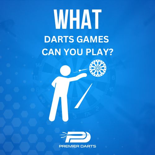 Blue background with white text "WHAT DARTS GAMES CAN YOU PLAY?" and a stick figure throwing a dart.