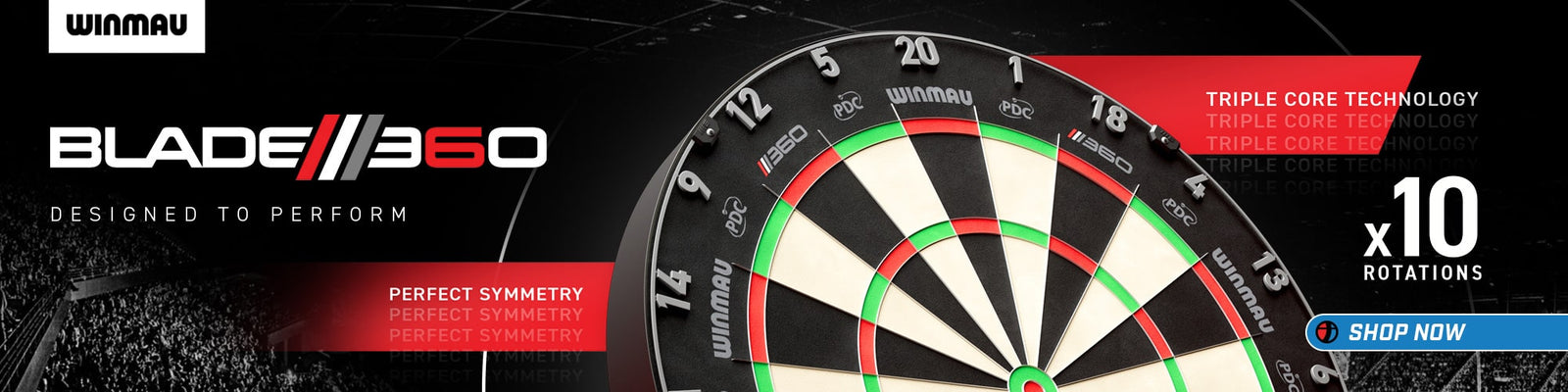 Winmau Blade 360 Triple Core dartboard with black, white, and green segments, and red accents.