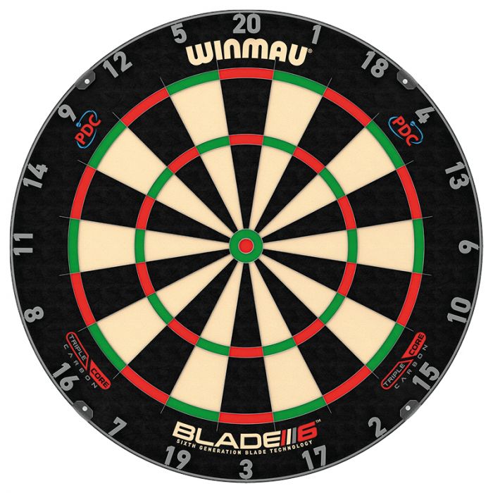 Winmau Blade 6 Triple Core dartboard with black, cream, red, and green segments.