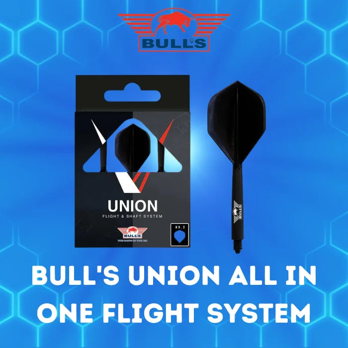 Bull's Union all-in-one flight system packaging and a black dart with integrated flight and shaft.
