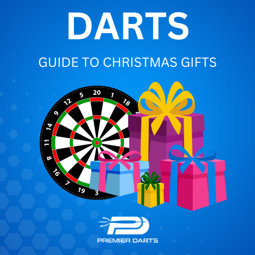 A colorful dartboard next to stacked Christmas gifts with bows, on a blue background.