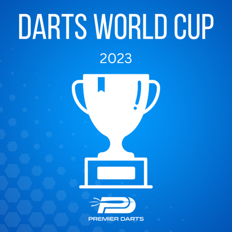 White Darts World Cup 2023 text and trophy icon on a blue background with Premier Darts logo.