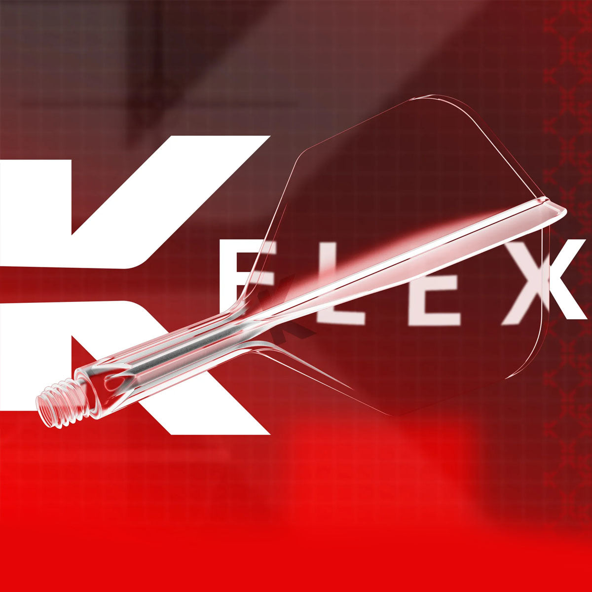 Clear Target K-Flex dart flight with integrated shaft against a red and black background.