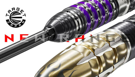 Close-up of two metallic Target Japan darts, one with purple rings, the other gold with black flame accents.