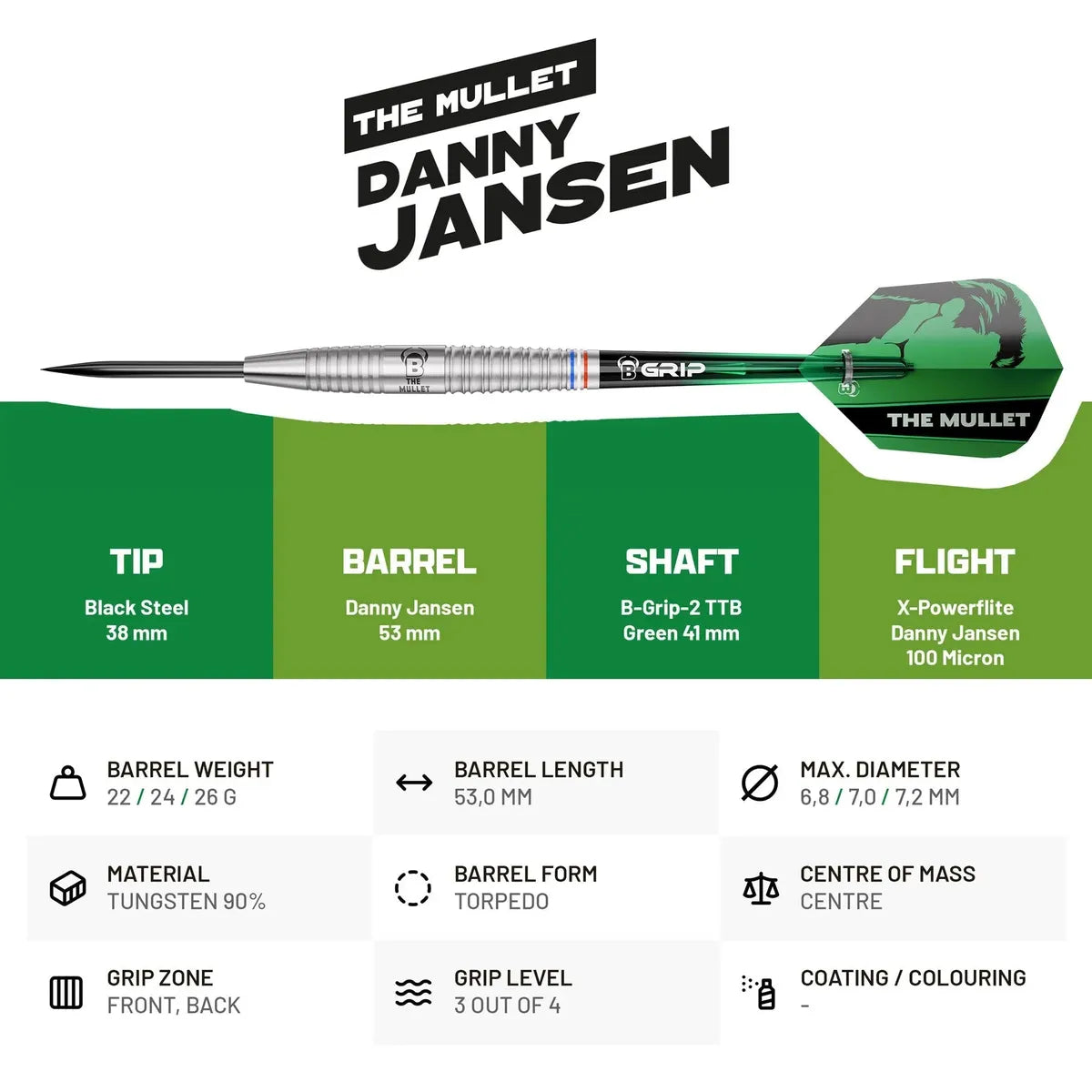 Bull's DE Danny Jansen G2 90% Tungsten Steel Tip Darts-3-22 GRAM-Premier Darts