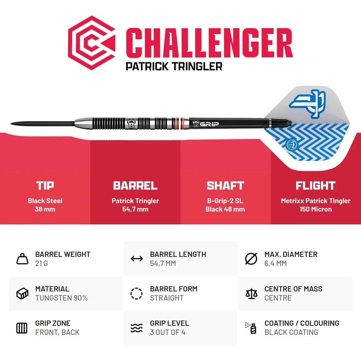 Bull's DE Challenger Patrick Tringler 90% Tungsten Steel Tip Darts