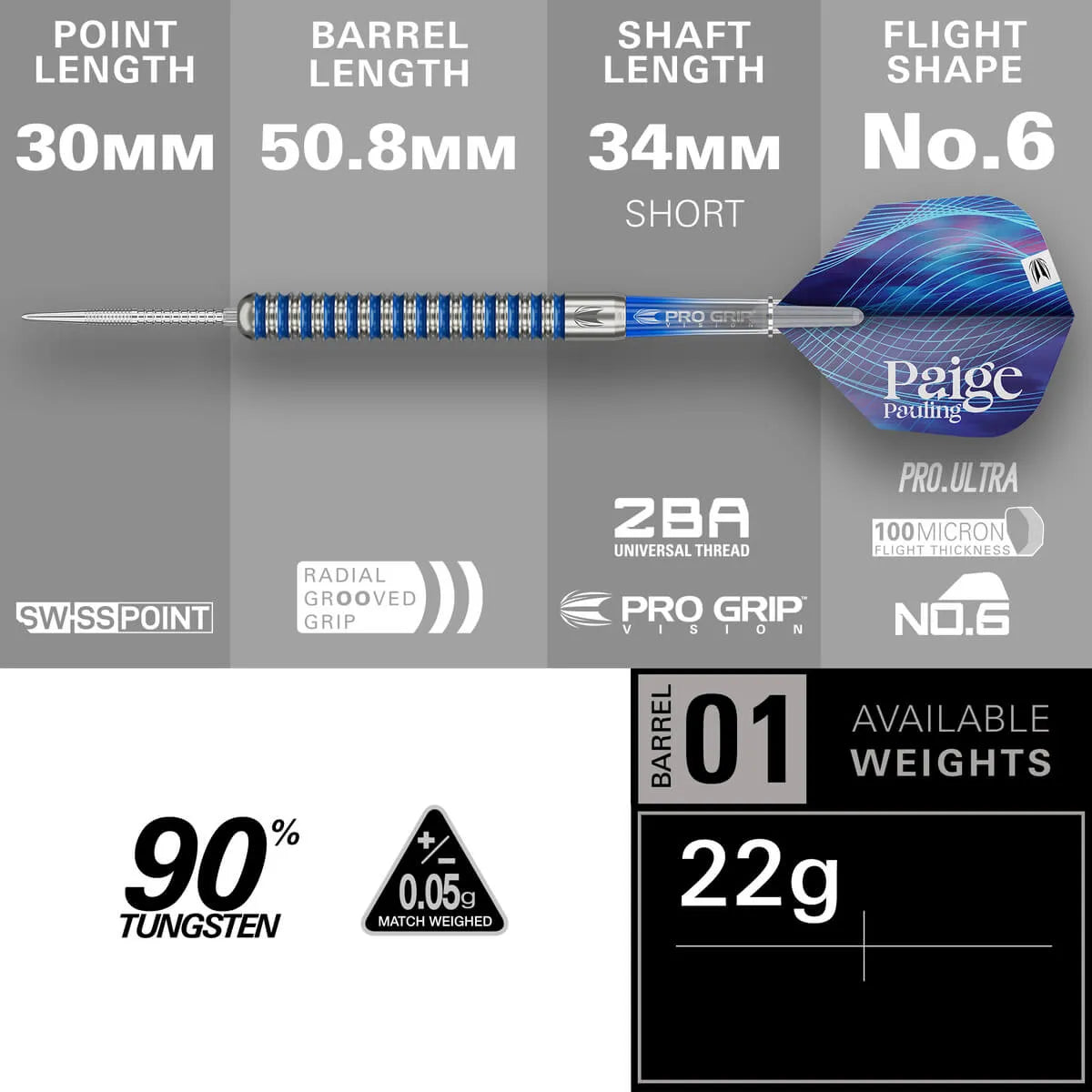 Target Darts Paige Pauling G1 SP 90% Tungsten Steel Tip Darts-5-22 GRAM-Premier Darts