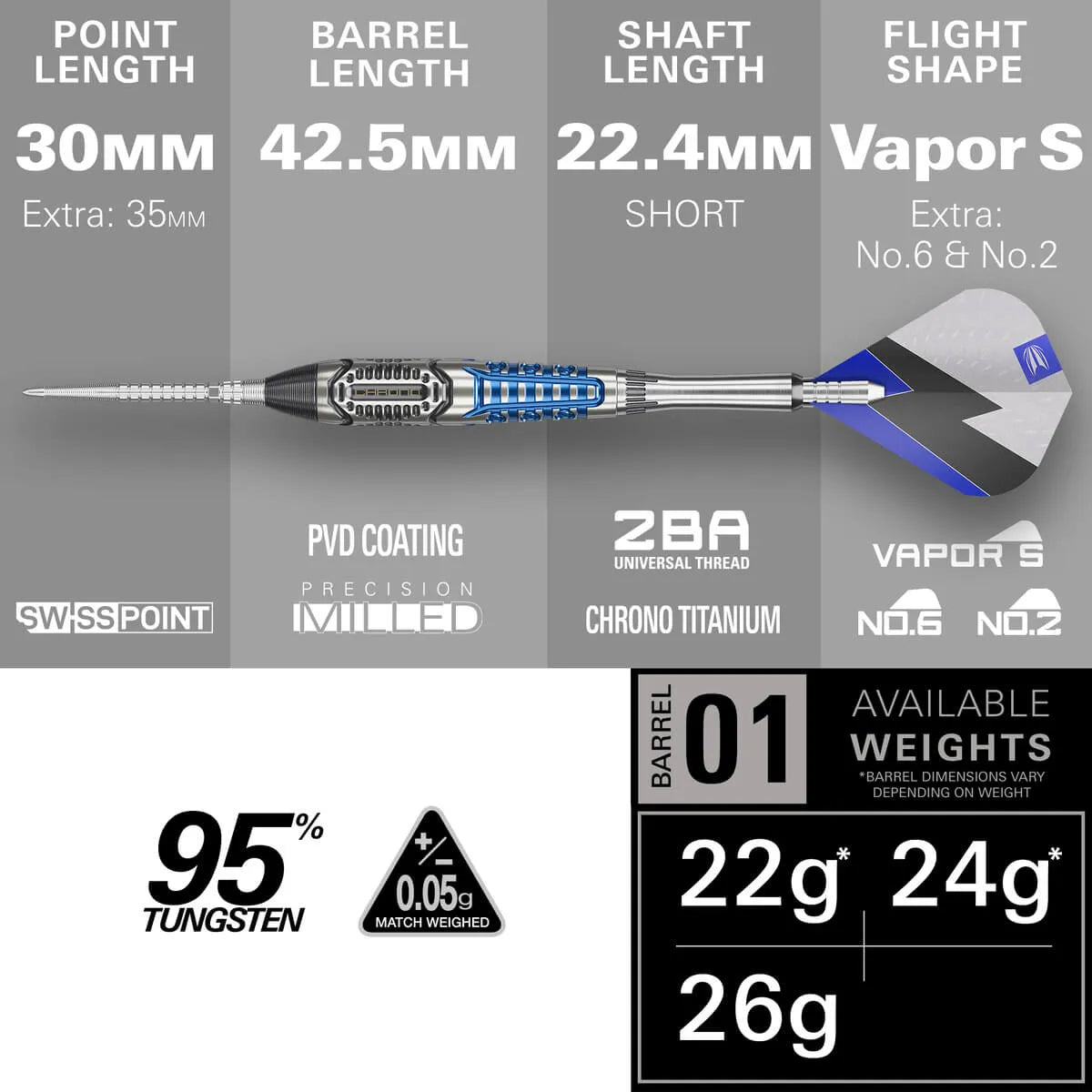 Target Darts Phil Taylor Chrono SP 95% Tungsten Steel Tip Darts-5-22 GRAM-Premier Darts