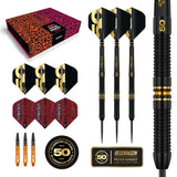 Peter Wright Limited Edition Dart set with black darts, red and gold flights, and a branded box on a white background.