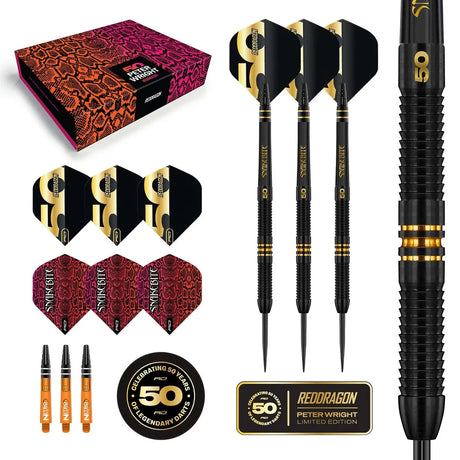 Peter Wright Limited Edition Dart set with black darts, red and gold flights, and a branded box on a white background.