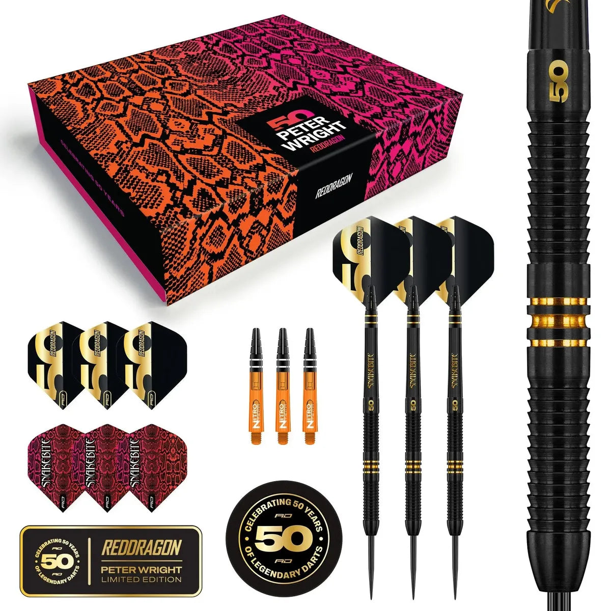 Peter Wright Limited Edition  Dart set with packaging featuring Peter Wright branding on a white background