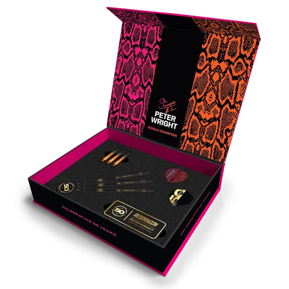 Open box containing Peter Wright Limited Edition darts with a pink and orange patterned design on the lid.