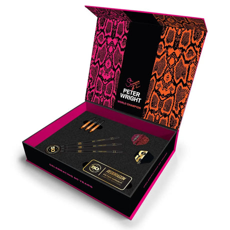 Open box containing Peter Wright Limited Edition darts with a pink and orange patterned design on the lid.